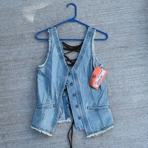 NWT Harley Davidson cut-off open back jean jacket with green rope tying detail